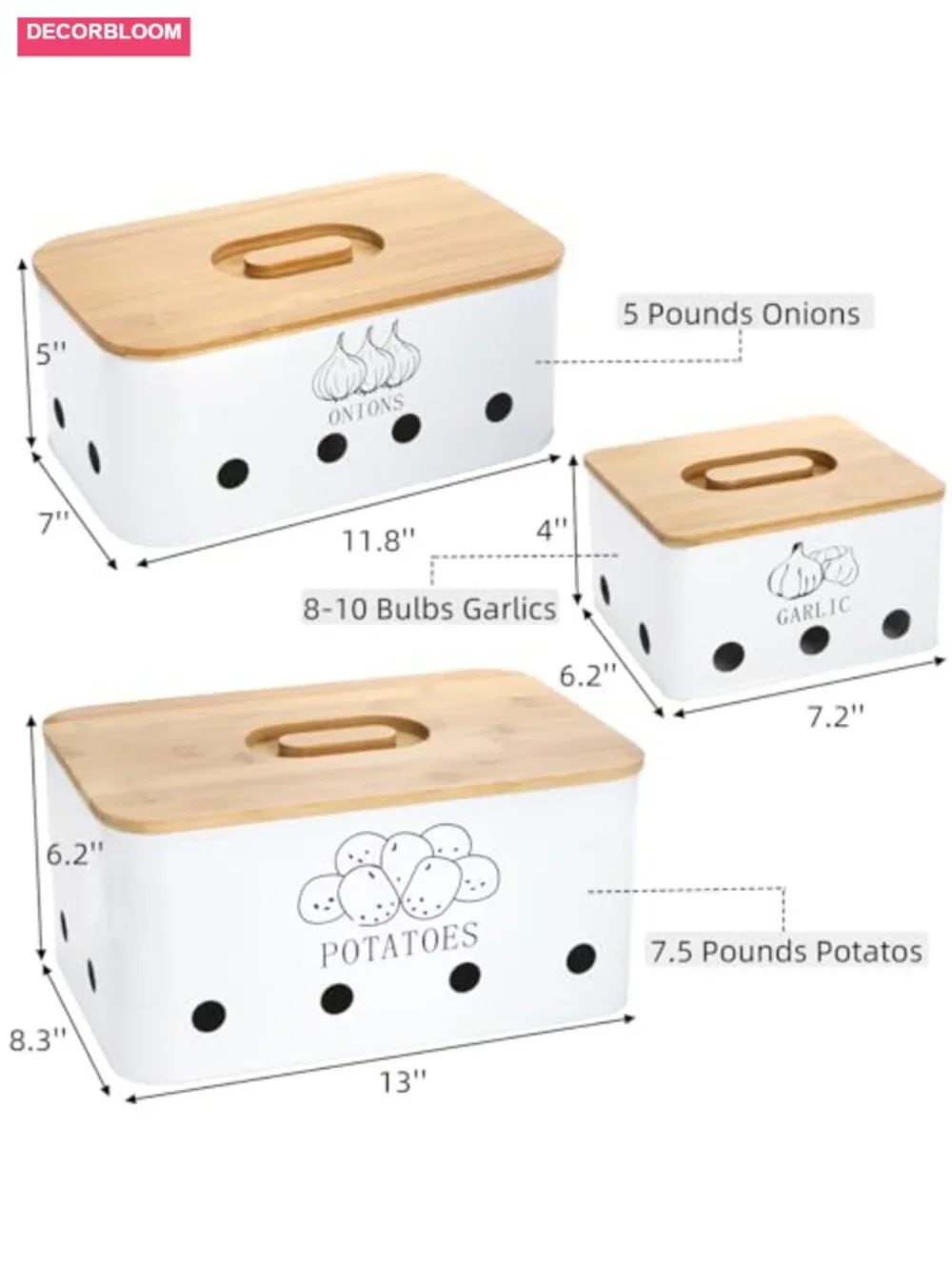 3 Pack Potato Onion Garlic Storage Set with Bamboo Lids, Metal Containers